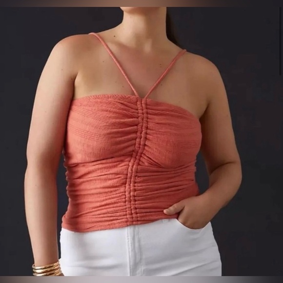 NWT PILCRO Anthropologie Ruched Ribbed Halter Top Coral Orange Blouse Tank Shirt - Picture 1 of 16